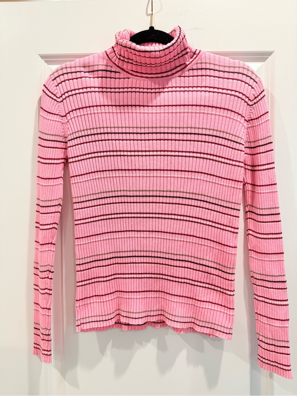 Cherokee Pink and Black Striped Ribbed Turtleneck Sweater